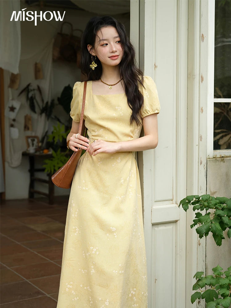 MISHOW Women's Clothing Fashion Square Neck Puff Sleeve Dress Summer 2025 New Bamboo Leaf Jacquard Pattern Dresses MXE39L2415