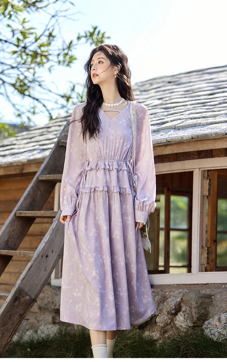 MISHOW Elegant Black Fungus Edge Dress for Women Spring 2025 Floral Lace-up Waist Dresses Long Sleeved Cake Dress MXE13L2101