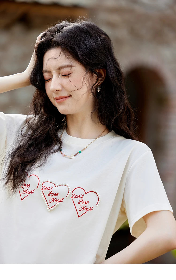 MISHOW Apricot Short Sleeved T-shirt Women 2025 Spring New Casual Versatile Heart Print Positive Shoulder Tops Outer MXE11T0491