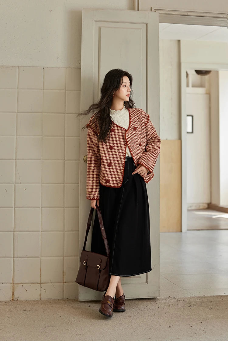 MISHOW Plaid Tweed Jacket Women Red Double Breasted Long Sleeve Tops 2024 Winter French Elegant Design Short Coat MXD56W0631