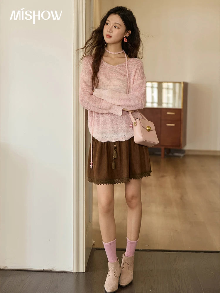 MISHOW Women's Pink Gradient Knitted Top 2025 Autumn French Wool Blend Ribbed Cuff Long Sleeve Tops with Knitted Rope MXE43Z1334