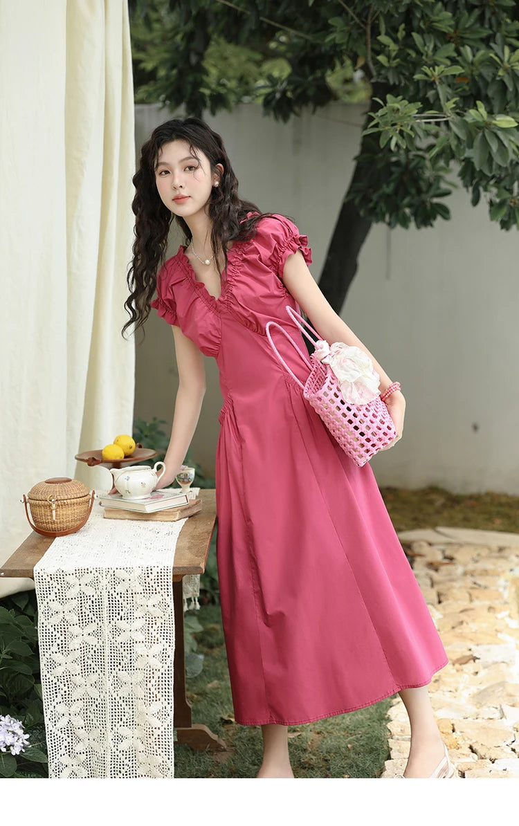 MISHOW Women's 100 Cotton Stringy Selvedge V-Neck Waist Dress 2024 Summer French Symmetric Pocket Mid Length Dresses MXD29L1934