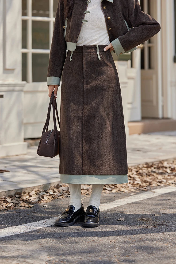 MISHOW Fragrant Jacket Rear Hem Slit Skirt Separately 2024 Winter Lapel Jackets Splicing Contrasting Leather Skirts MXD43W0444