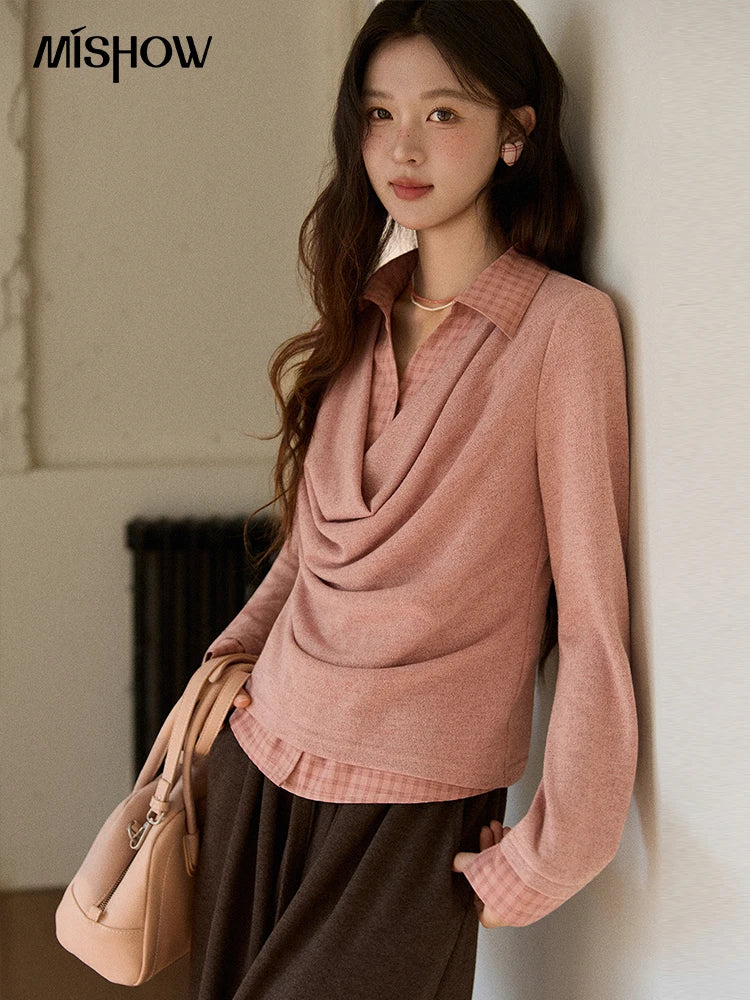 MISHOW Women Knit Top 2025 Winter Faux Two-piece Pullovers Retro Plaid Patchwork Draped Collar Luxury Design Pink Top MXE87Z2747