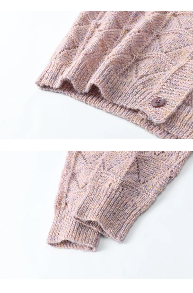 MISHOW French Knit Cardigan Women Separately 2025 Spring New Korean Casual Diamond Plaid Sweet V Neck Hollow Sweater MXE11Z1198