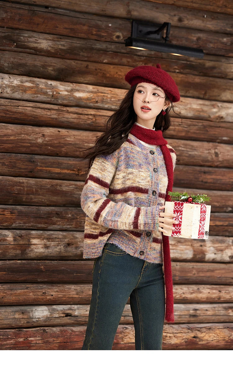 MISHOW Striped Sweaters Short Contrast Color Loose Casual O-Neck Single Breasted Tops Soft Warm Knitted Cardigans MXD59Z1061