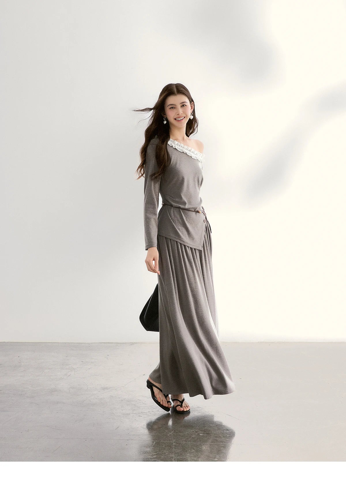 MISHOW Women's Grey Irregular Top Elastic Waist Skirt Two-Piece Set Spring Off-Shoulder Lace Trim Top Maxi Skirt Set MXF13T1479