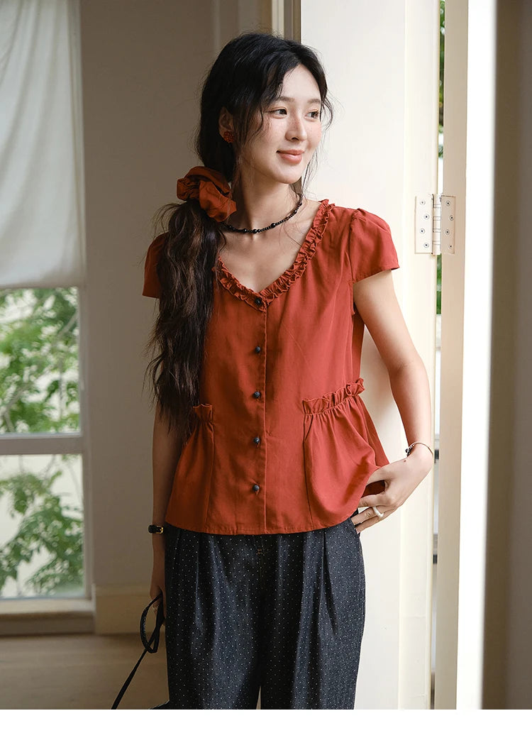 MISHOW Women's Summer Clothes 2025 Fashion Mushroom Edge V-neck Blouse Office Lady Casual Short Sleeve Button Top MXE38X1867