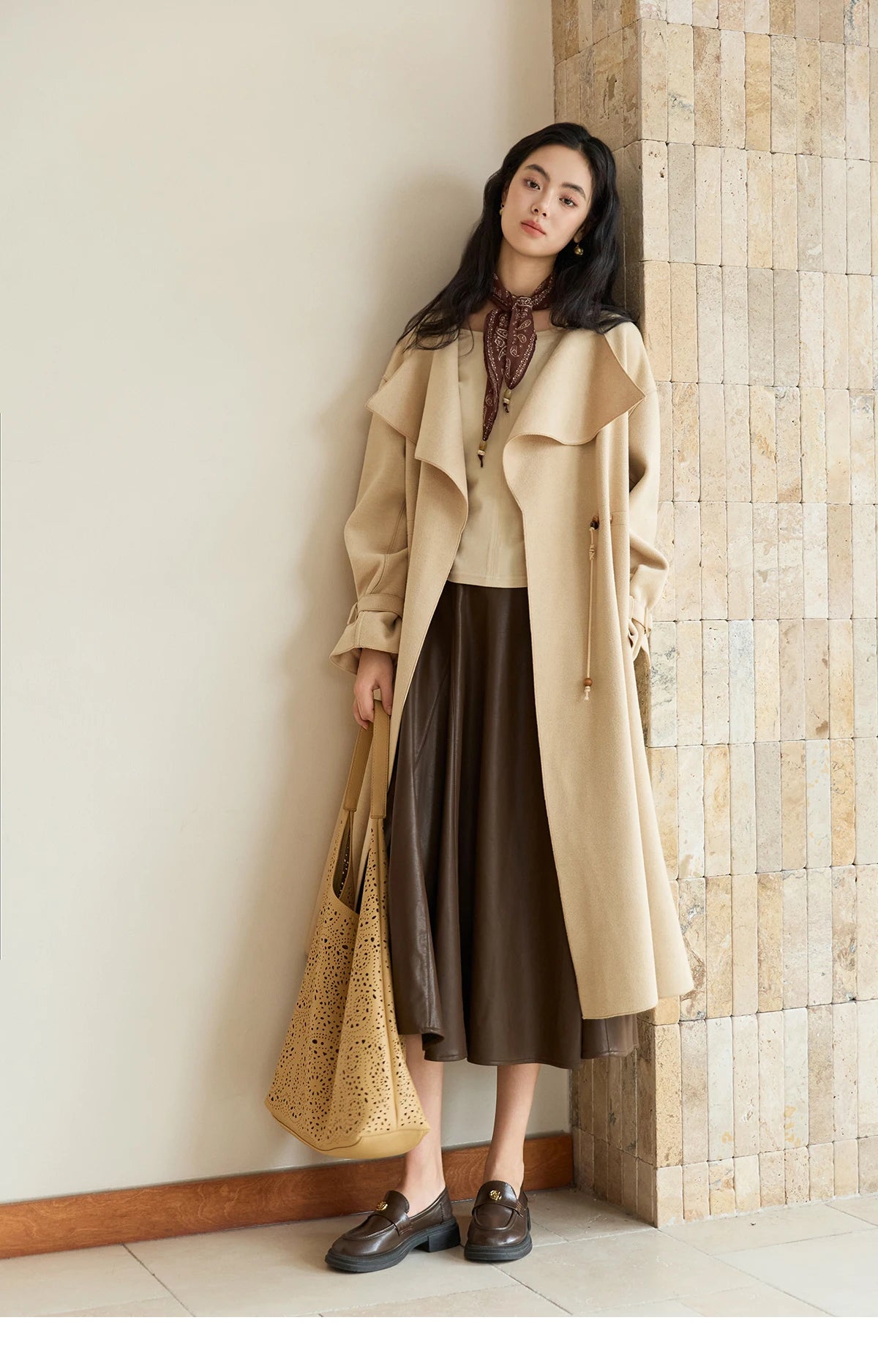 MISHOW Woolen Coat for Women 2025 Autumn Winter New Style Drawstring Waist Large Lapel Mid-length Commuter Loose Coat MXE45W0841