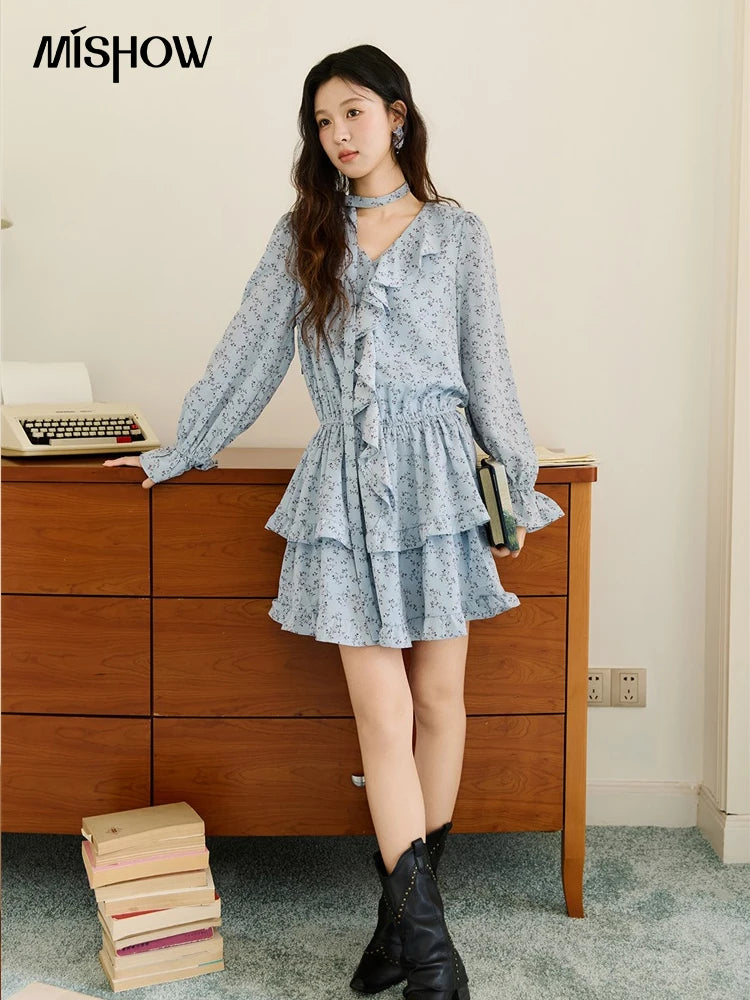 Mishow Blue Floral V-Neck Ruffled Puff Sleeve Dress MXE46L2517