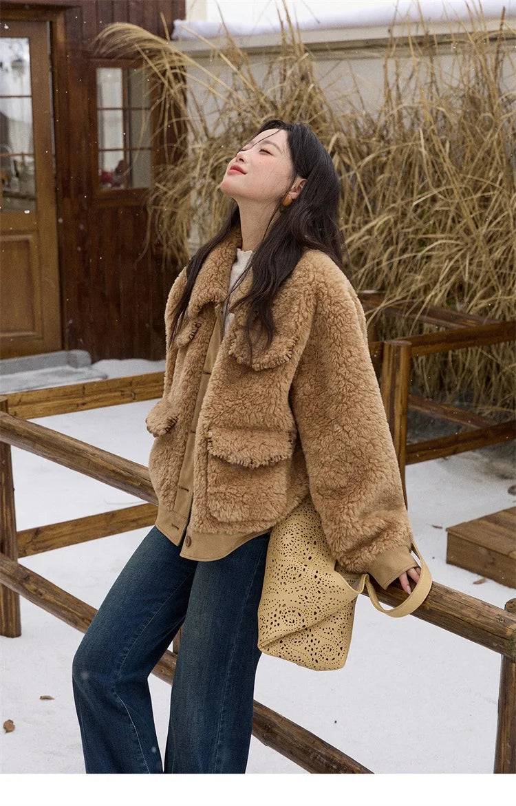 MISHOW Faux Lambskin Coat Women 2025 Winter Retro Turn-down Collar Brown Coat Office Lady Loose Warm Casual Jackets MXE89W0896