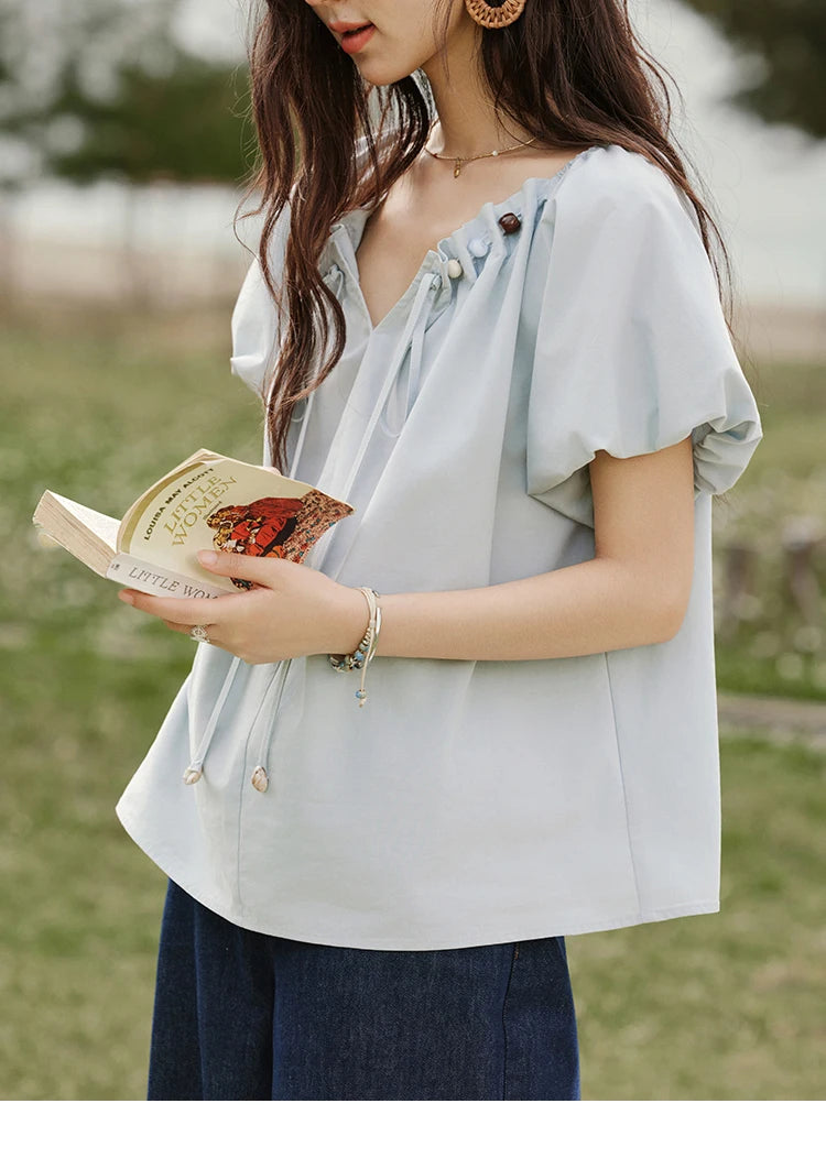 MISHOW Solid French Summer Blouses Woman 2025 New Short Puff Sleeve V-neck Beaded Retro Shirts Women Fashion Tops MXE33X1757