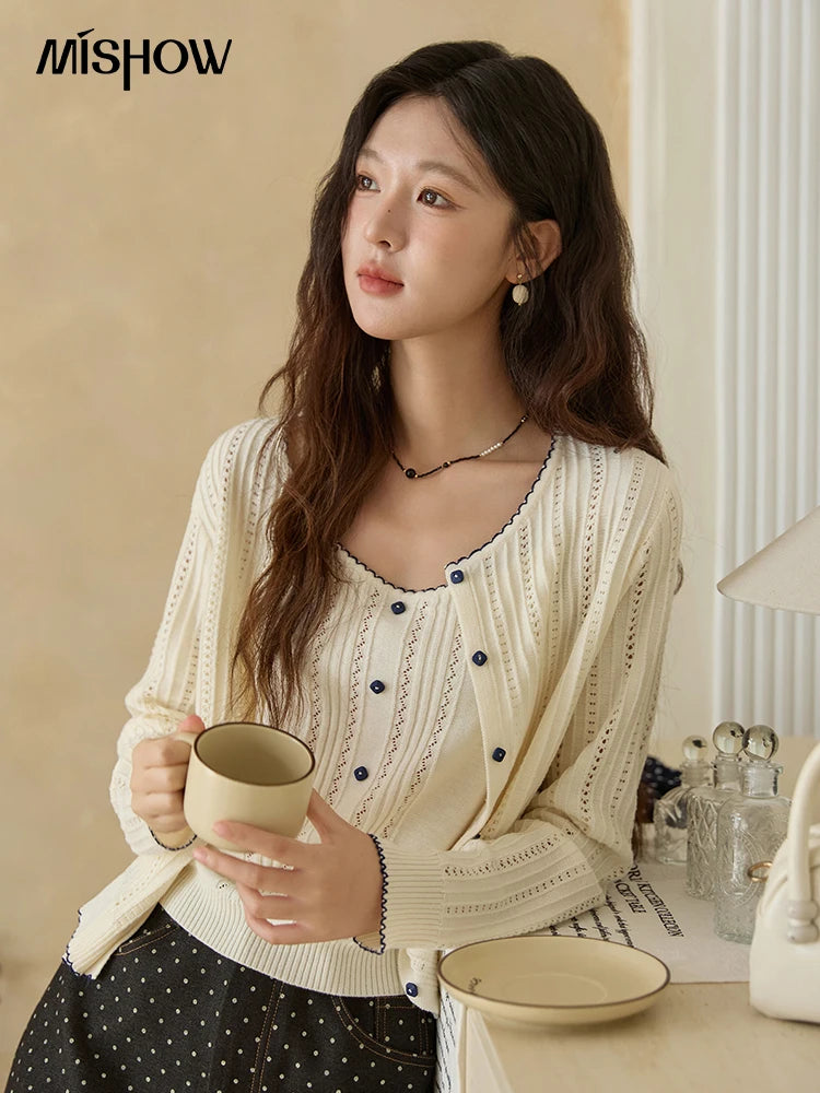 MISHOW Woman Apricot Knit Two-piece Set Wool 2025 Autumn Retro Long Sleeves Cardigan With Camisole Vest Casual Outfit MXE43T0726
