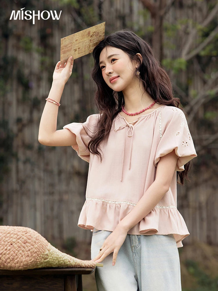 MISHOW French Summer Blouse Women 2025 Short Puff Sleeve Round Neck Solid Hollow Embroidery Shirts Woman Holiday Thin MXE31X1747