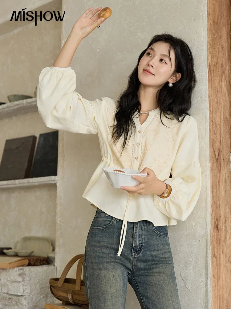 MISHOW Women's French V-neck Blouse Lace Lantern Sleeve Long-sleeved Blouses 2024 Fall Tie Drawstring Waist Slim Tops MXD45X1660