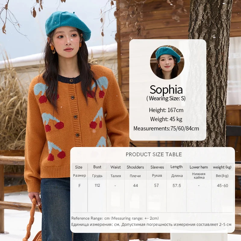 MISHOW Cherry Jacquard Knitted Cardigan for Women 2025 Winter Retro Sweet Round Neck Long Sleeves Sweater Commute Top MXE88Z2689