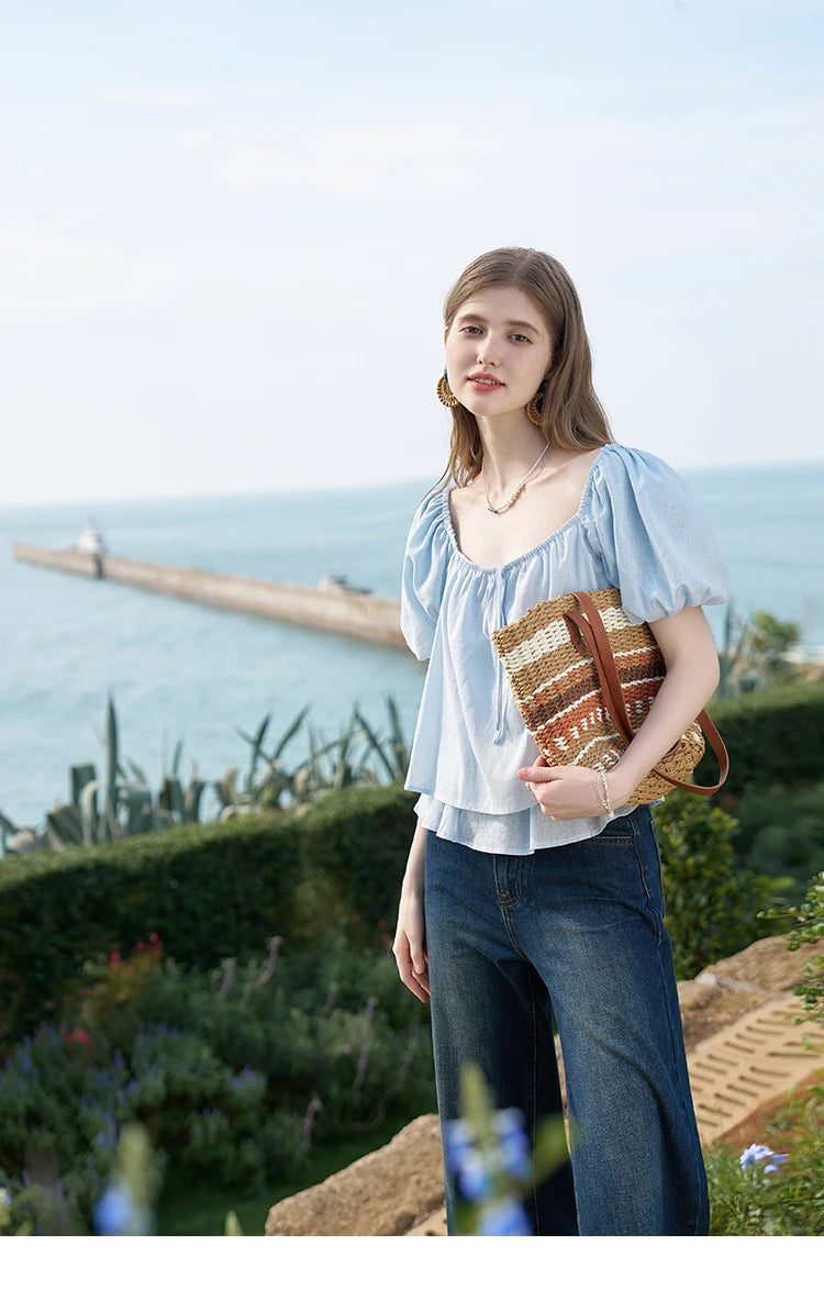 MISHOW French Square Neck Tied Lantern Sleeve Blouses 2025 Summer Double Layered Hem Puff Sleeve Solid Sweet Tops MXD26X1551