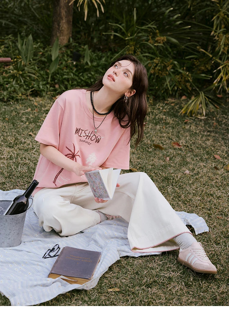 MISHOW Casual Print T-shirts Women 2025 Summer New Short Sleeve Round Neck Coconut Tree Pattern Shirt Woman Holiday MXE31T0516