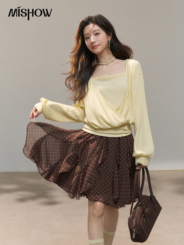 MISHOW Women's Lemon Yellow Two-Piece Set Spring Knitted Lantern Sleeve Pullover Tops Strap Lace Edge Camisole Set MXF13T1513