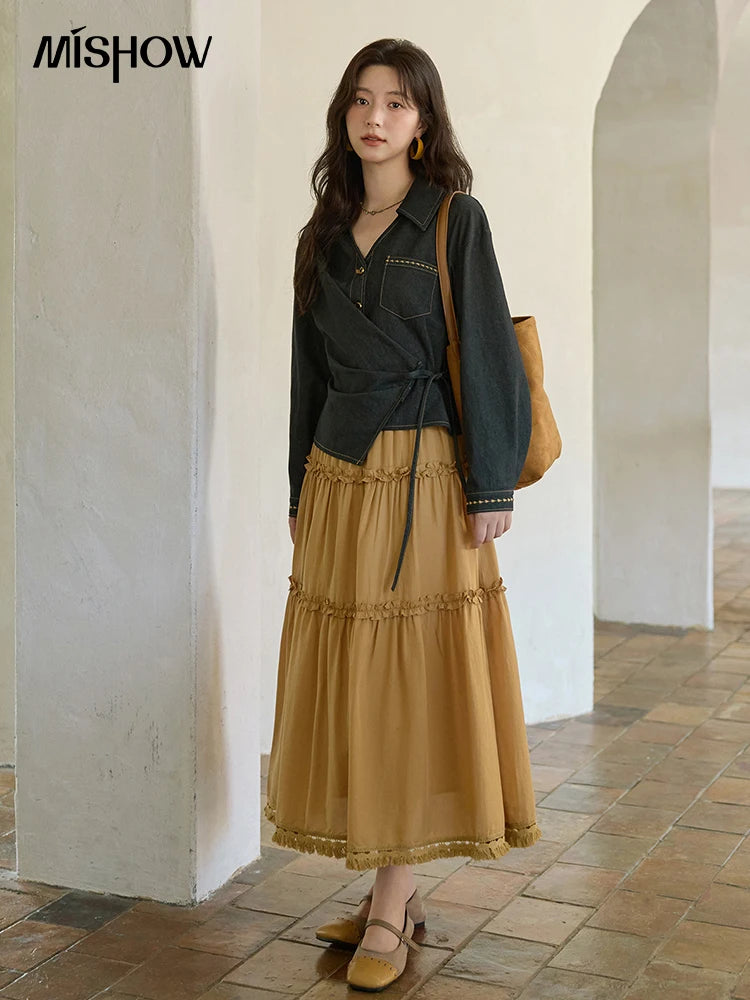 MISHOW Retro Orange 100 Lyocell Skirt 2025 Autumn Black Fungus Edge A-line Skirts Elastic High Waist Hem Tassel Skirt MXE42B2386