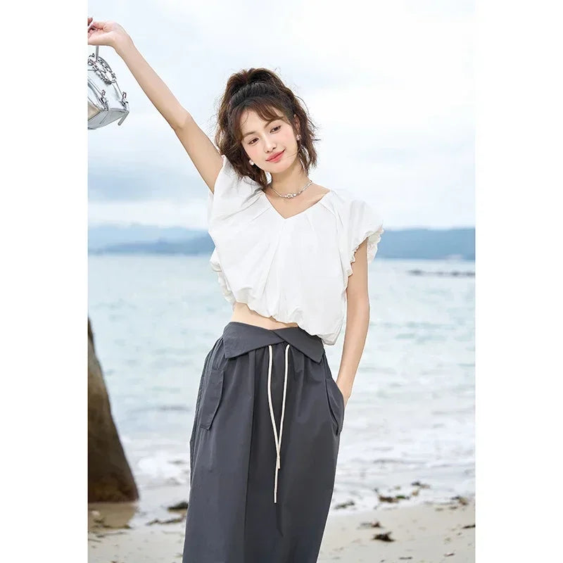 MISHOW Soft Blouses for Women 2025 Summer French Rear Collar Tie Up Solid Short Sleeve Solid V Neck Puff Sleeve Tops MXC38X1275