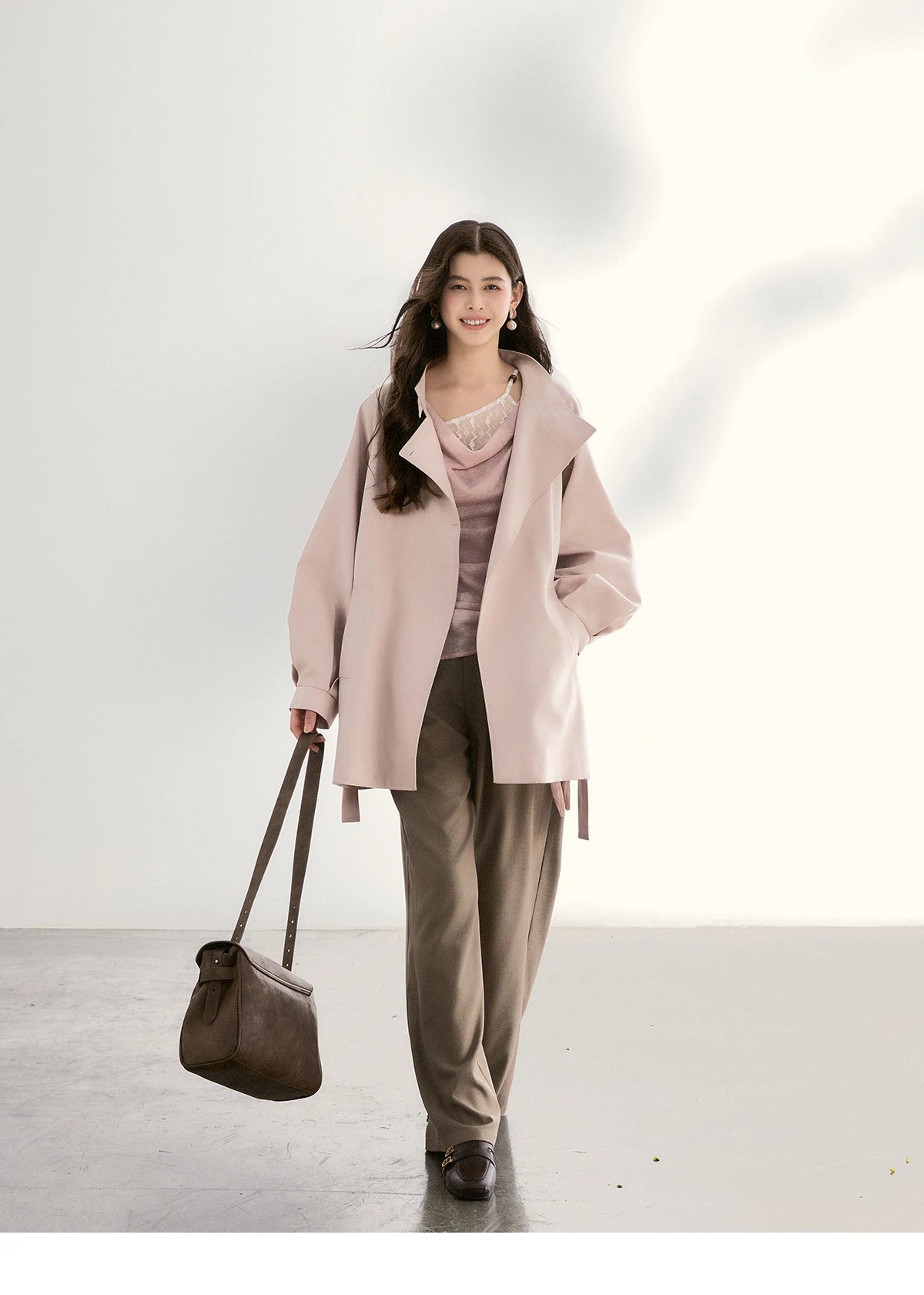 MISHOW Women's Splicing Lace Trim Draped Neck Long Sleeve Tops 2026 Spring Side Tie Ruched Irregular Casual Slim Tees MXF13Z2995