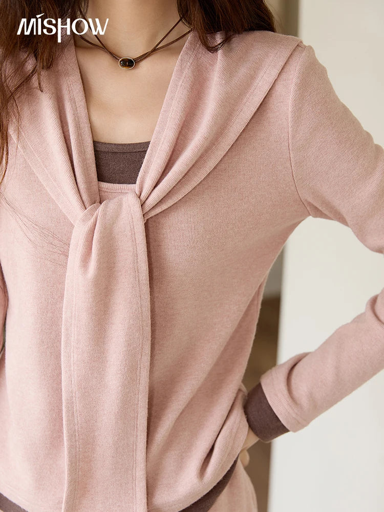 MISHOW Woman Slim Fit Long Sleeve Top 2025 Autumn Retro Solid O-neck Shawl Pullover Casual Knit Top Woman Clothes MXE89T1419