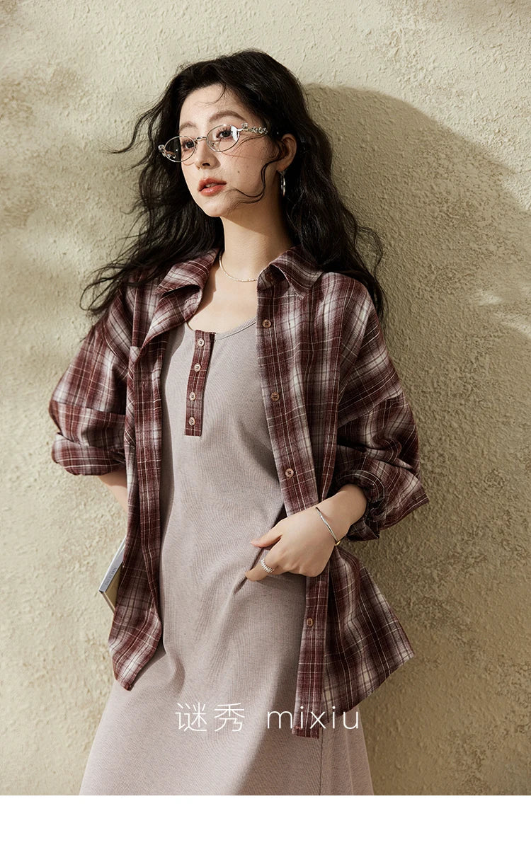 MISHOW Women's Plaid Shirt Grey Vest Dress Separately Spring Lapel Collar Shirt U-neck Sleeveless Dresses (Not A Set) MXE13L2093