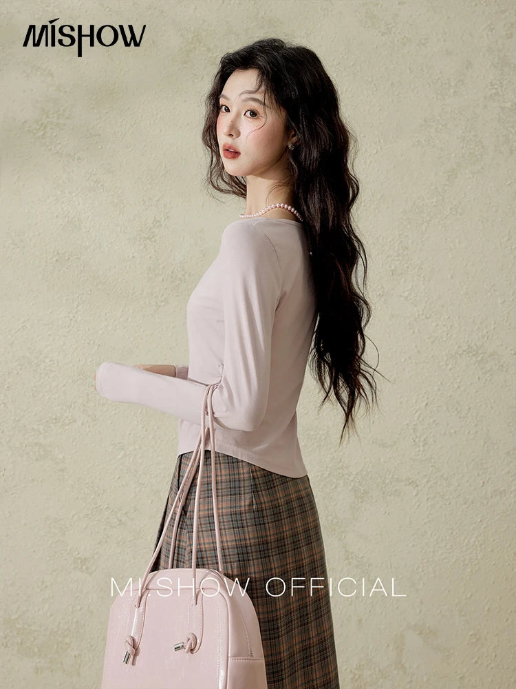 MISHOW Women's Knitted Long Sleeved T-shirt 2025 Spring Outfit Irregular Hollow Neck Tees Slim Solid Color Casual Top MXE13Z1116