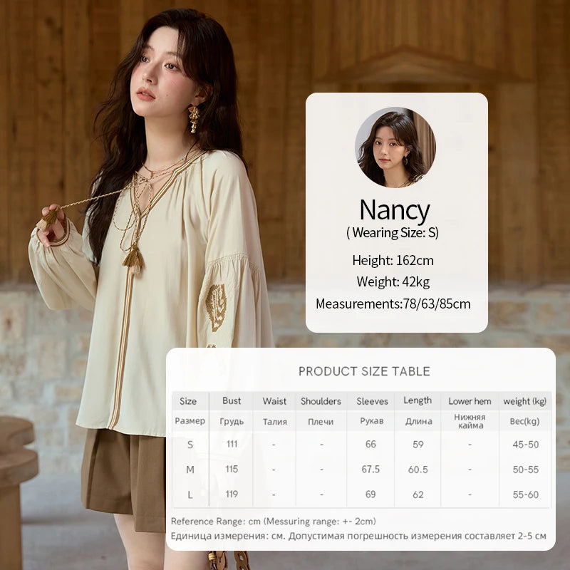 MISHOW Autumn Apricot Embroidered Blouses 2025 Contrasting Tassels Lace Up Blouses Lantern Sleeves Loose Vintage Top MXE41X1940