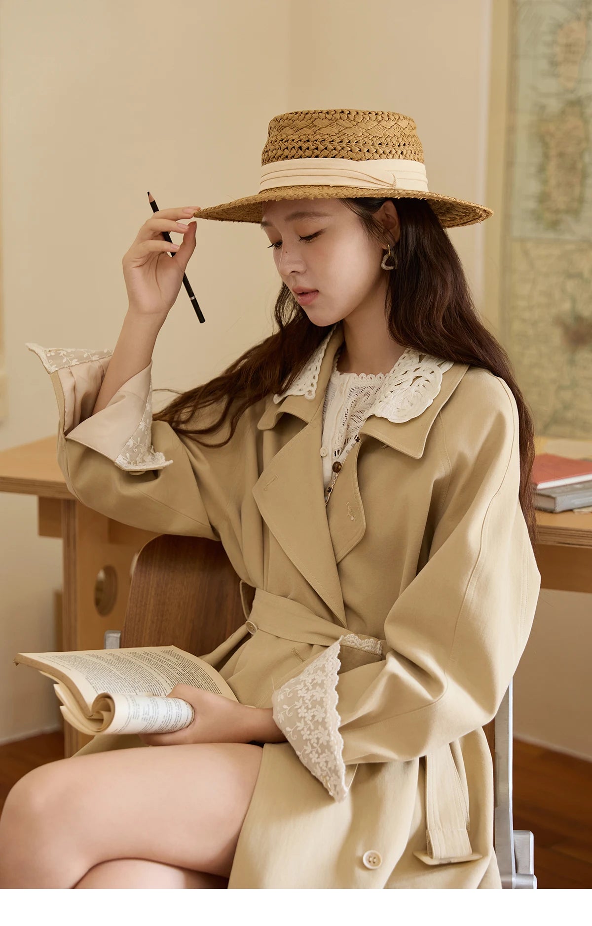 MISHOW Trench Coat Women 2025 Autumn Fashion Light Khaki Lace Long Windbreaker Jacket Long-sleeved Coat with Belt MXE45W0830