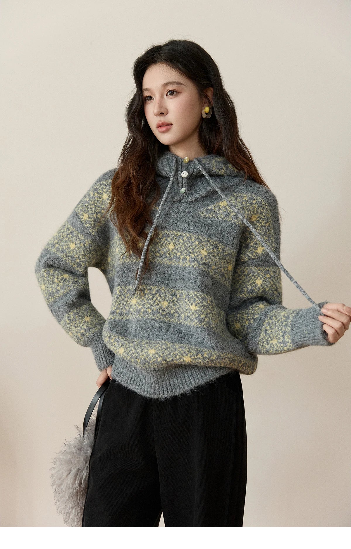 MISHOW Women's Fair Isle Knitted Sweater 2025 Winter V-neck Wool Blend Casual Tops Removable Hood Warm Loose Sweaters MXE94Z2979