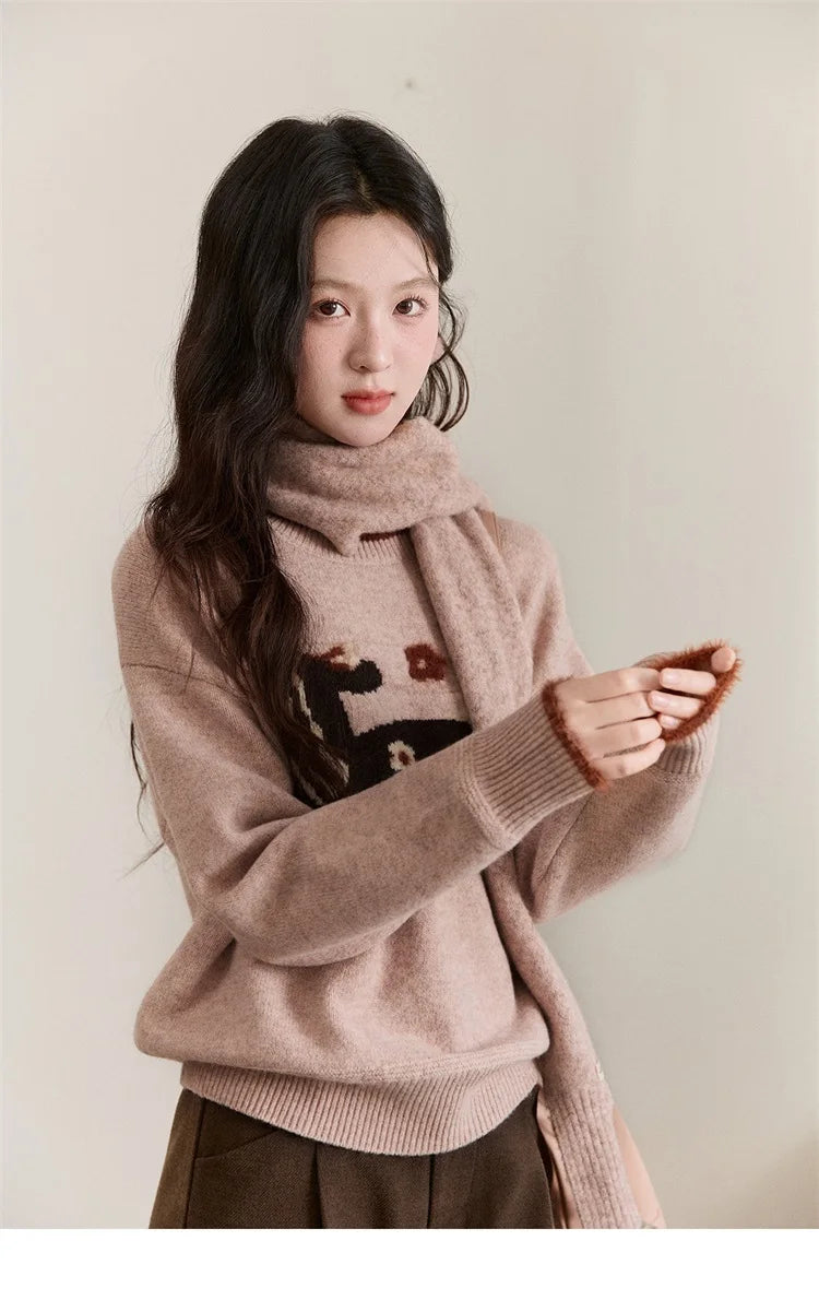 MISHOW Women's Horse Pattern Knit Sweater Winter Crew Neck Sweaters Collar Cuffs Splice Contrasting Faux Mink Fur Top MXE94Z2863