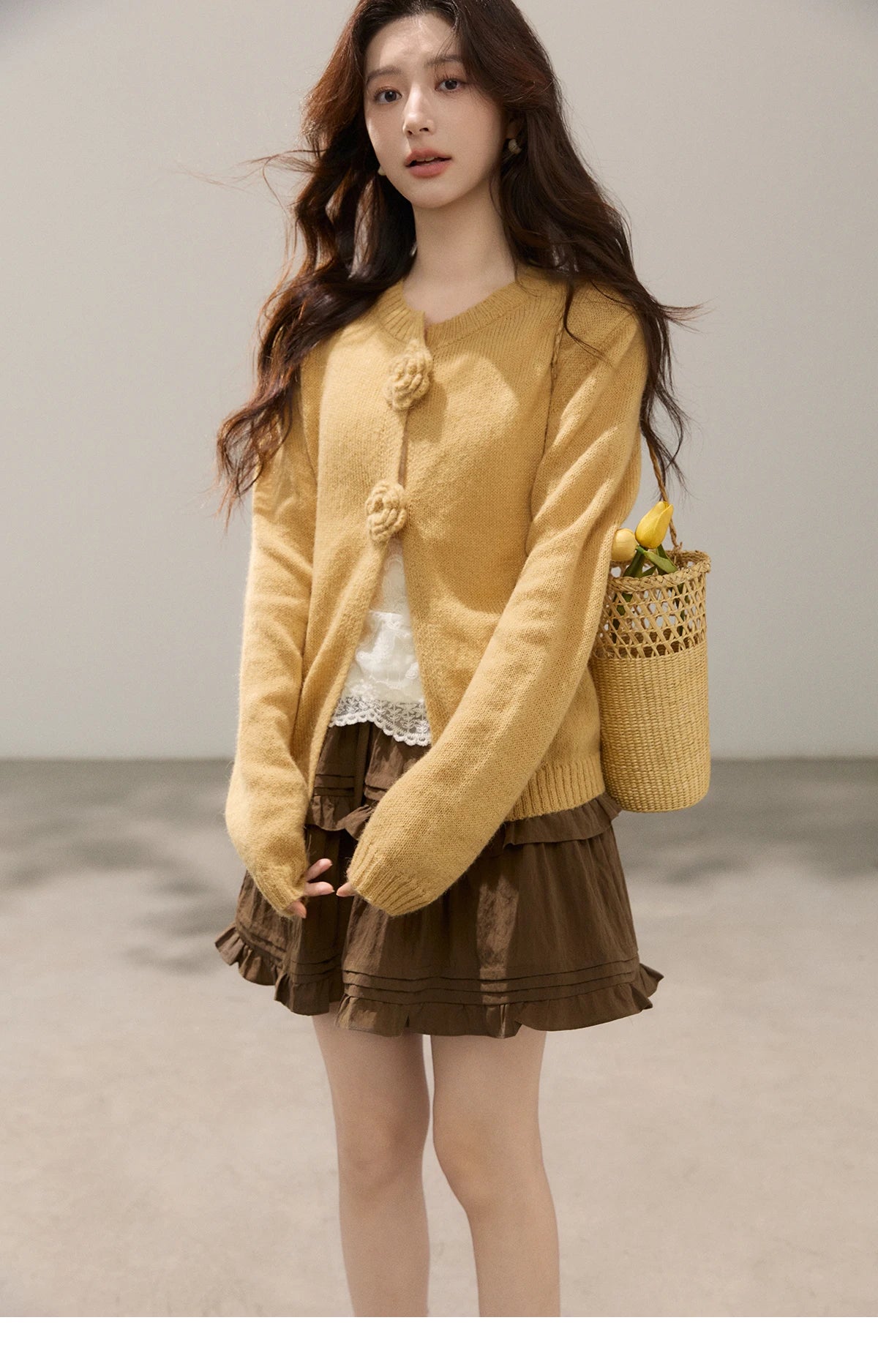 MISHOW Women's Flower Decor Mohair Fork Knit Cardigan 2026 Spring Crew Neck Long Sleeve Tops Casual Solid Sweater MXF15Z3051