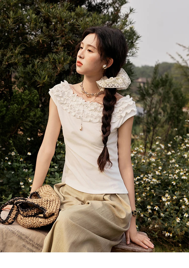 MISHOW French Stringy Selvedge One Neck T-shirt for Women Summer 2025 Raglan Sleeves Wool Short Top Sexy Solid Tees MXE34T0605