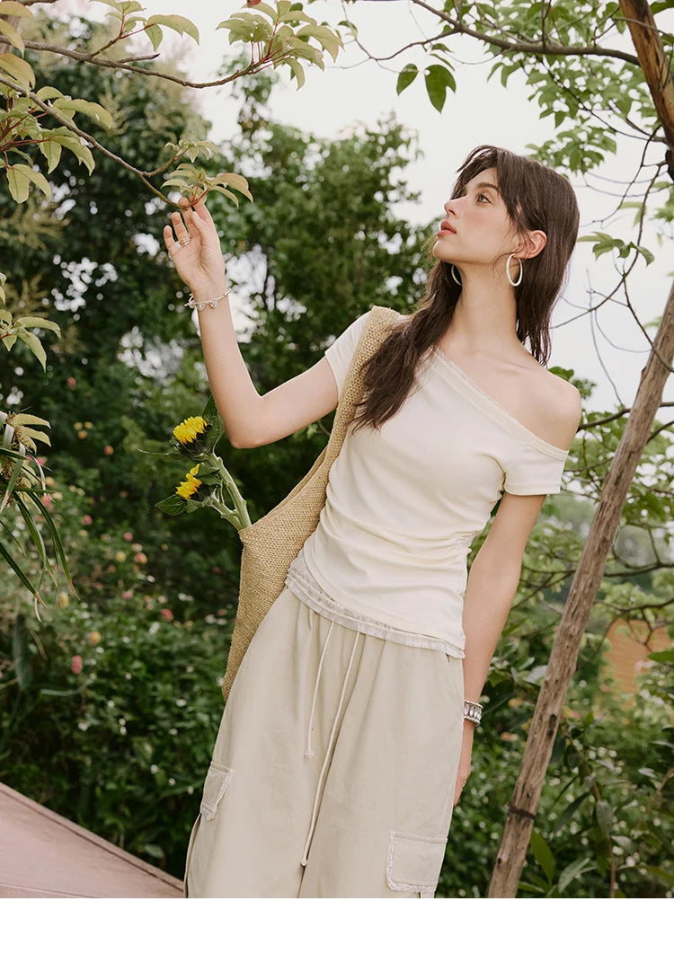 MISHOW Sexy Summer New T-shirts Women 2025 Short Sleeve Skew Collar Off-shoulder Lace Shirt Female Versatile Thin MXE31T0503