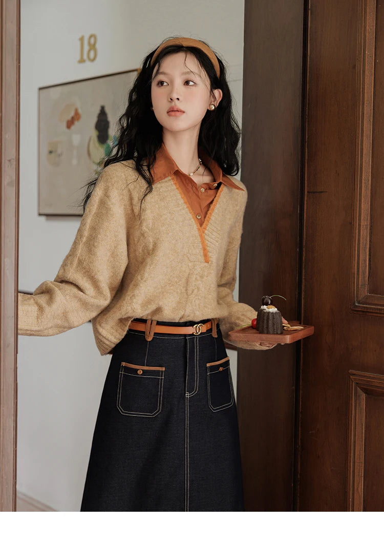 MISHOW Vintage Sweater False Two-piece Sweet Fashion V-neck Knitwear 2024 Fall New Vintage Versatile Sweater Tops MXD42Z0695