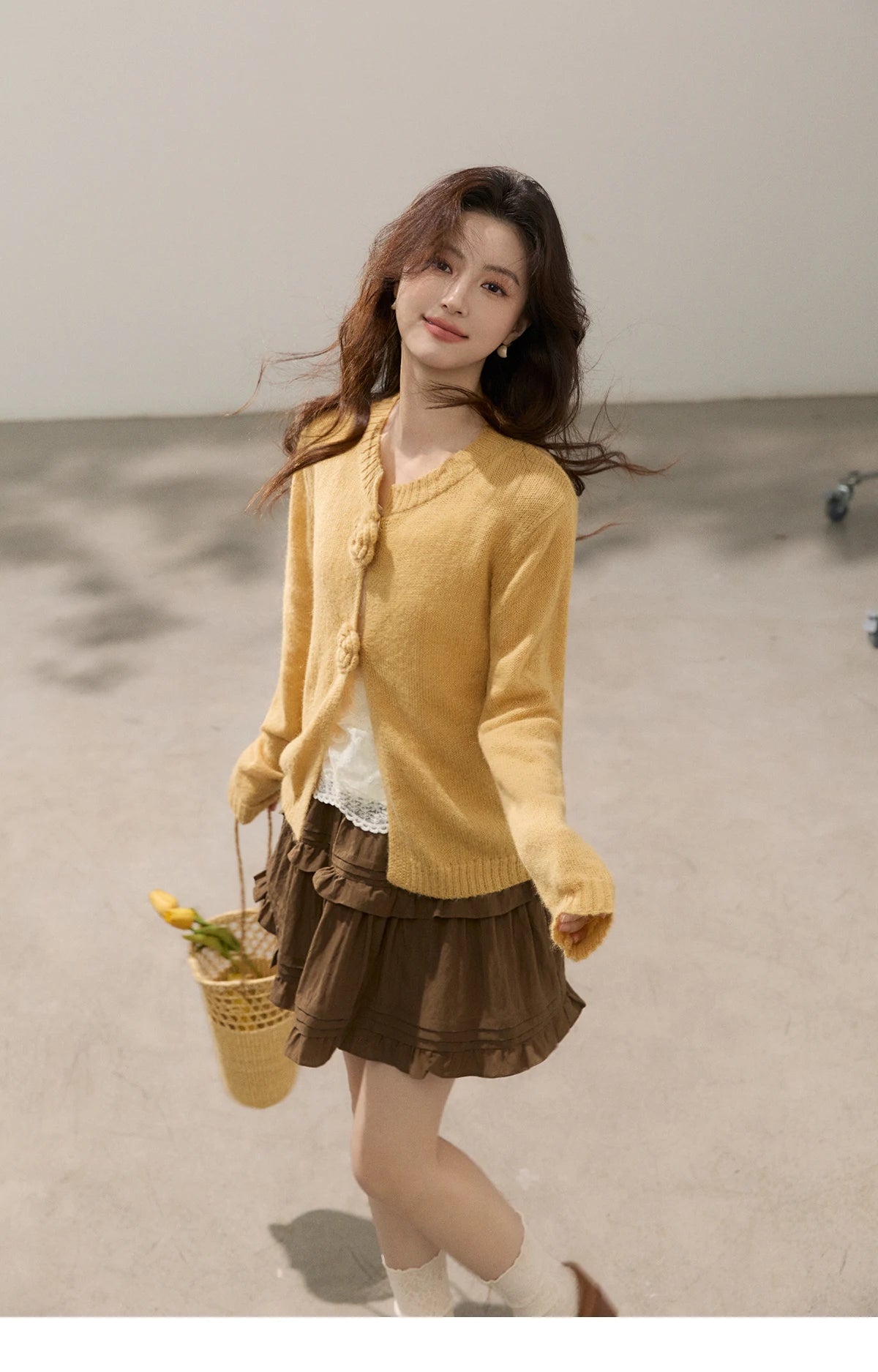 MISHOW Women's Flower Decor Mohair Fork Knit Cardigan 2026 Spring Crew Neck Long Sleeve Tops Casual Solid Sweater MXF15Z3051