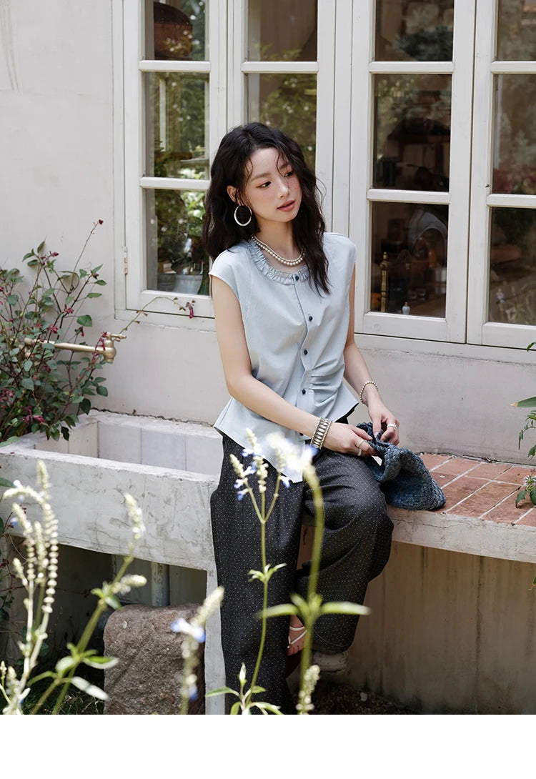 MISHOW Women's Casual Round Neck Shirt 2025 Summer New Office Lady Slim Shirt Sleeveless Button Top Female Clothing MXE38X1864