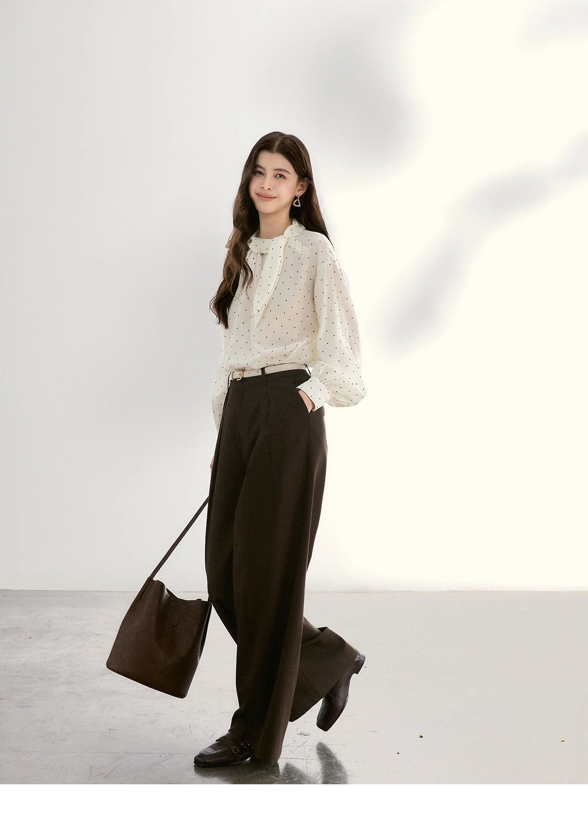 MISHOW Women's White Polka Dot Blouse Spring Bow Tie Neck Sheer Chiffon Blouses Casual Long Sleeve Top Office Lady MXF13X2531