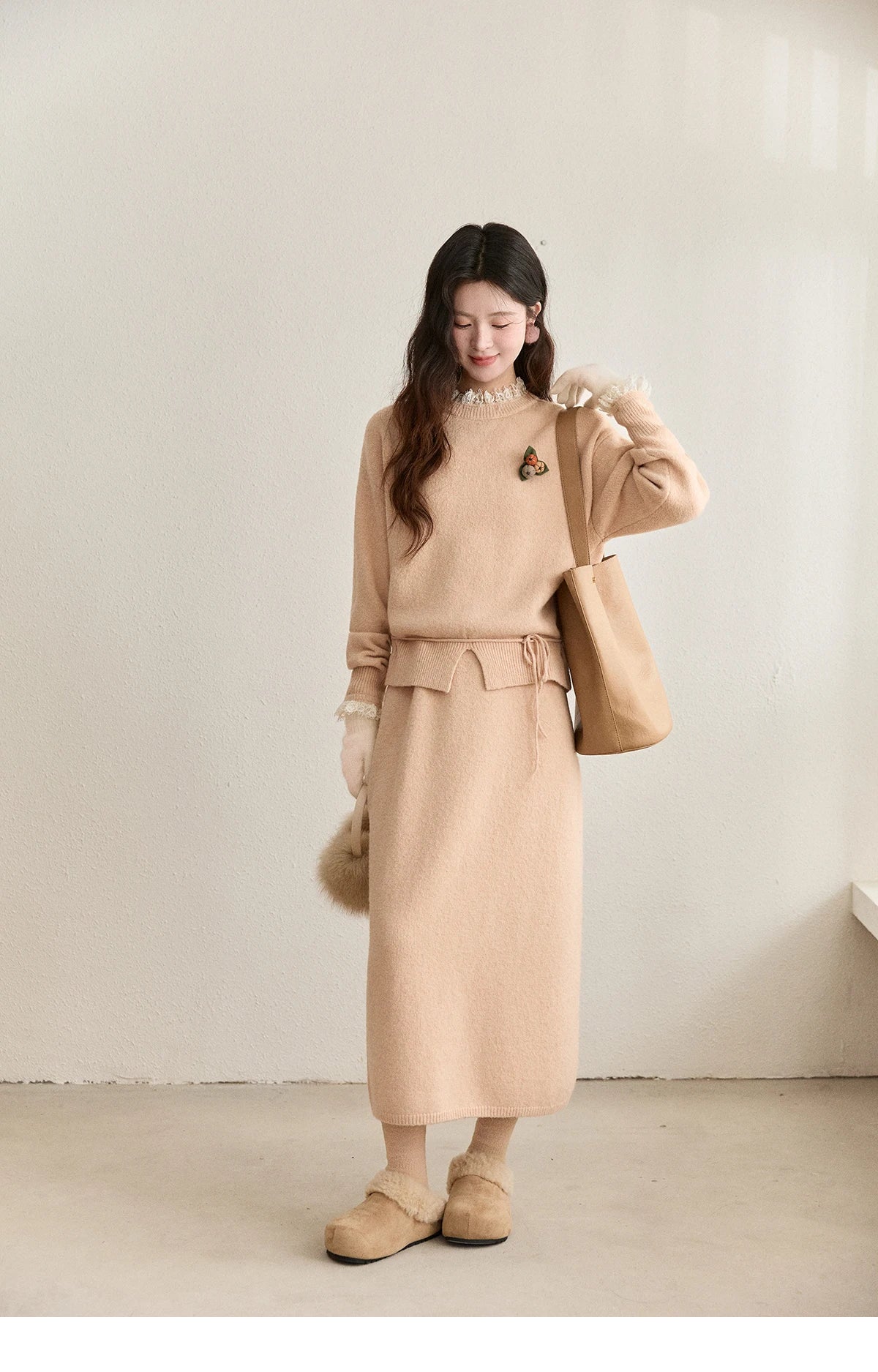 MISHOW Lace Trim Knitted Sweater Midi Skirt Set 2025 Winter Non Removable Brooch Decor Sweater Back Split Skirt Sets MXE92T1450