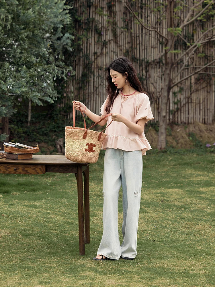 MISHOW French Summer Blouse Women 2025 Short Puff Sleeve Round Neck Solid Hollow Embroidery Shirts Woman Holiday Thin MXE31X1747