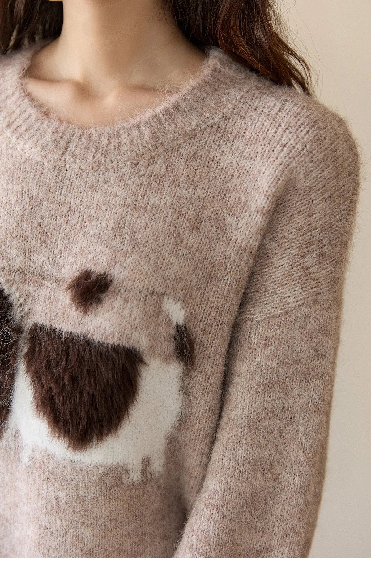 MISHOW Women's Solid Knitted Sweater 2025 Autumn Winter Dog Pattern Jacquard Crew Neck Fluffy Warm Loose Pullover Top MXE94Z2988