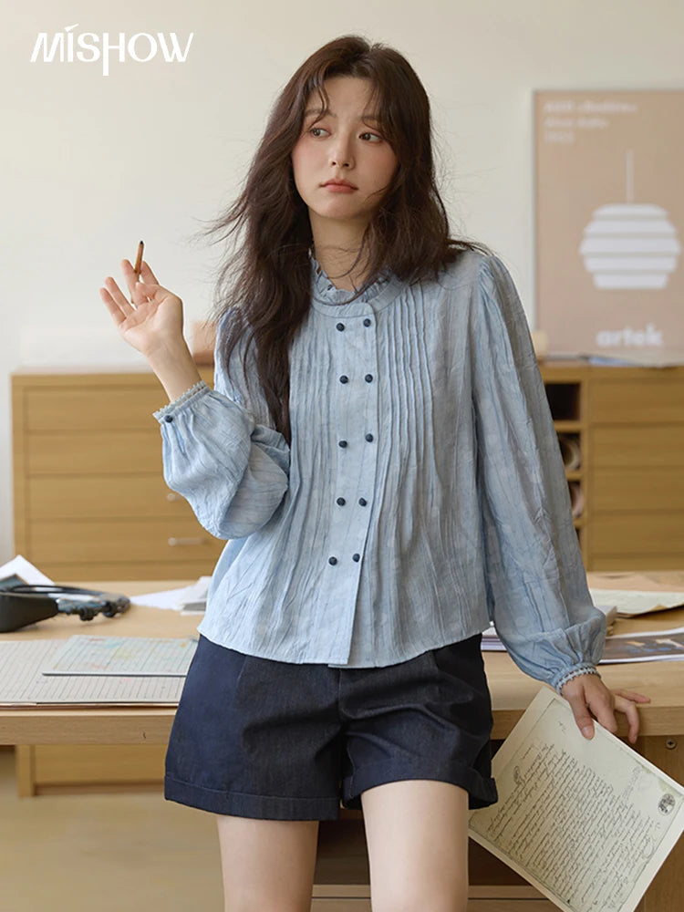 MISHOW Women's Shirt 2025 Autumn Blue Polka Dot Chiffon Loose Shirt Stand Collar Double Row Buckle Lantern Sleeve Top MXE41X1926