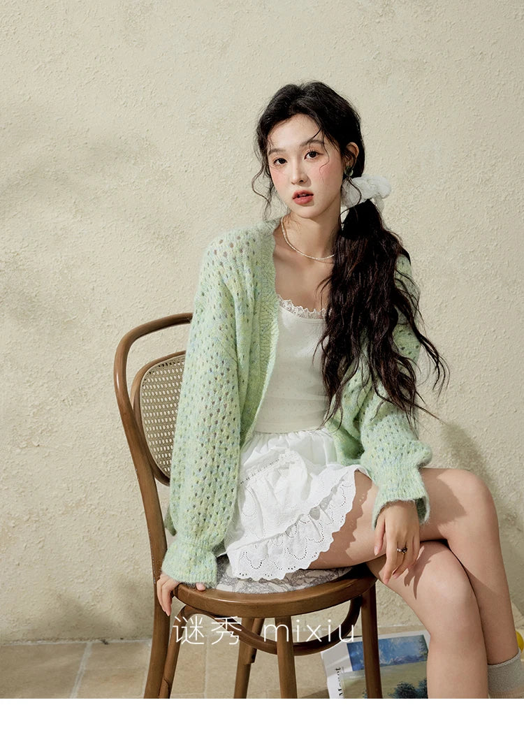 MISHOW Green Knitted Cardigan for Women Spring 2025 Loose Hollow Out Wave Neck Commuting Slim Open Stitch Cardigan MXE12Z1212