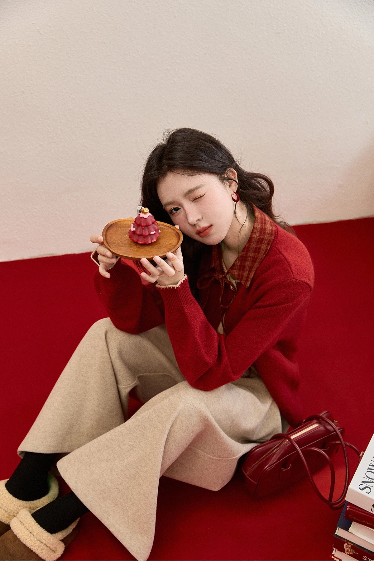 MISHOW Color Block Contrast Fake Two-Piece Cardigan Women Winter Removable Plaid Collar Tie Thickened Knitted Sweater MXE93Z2816