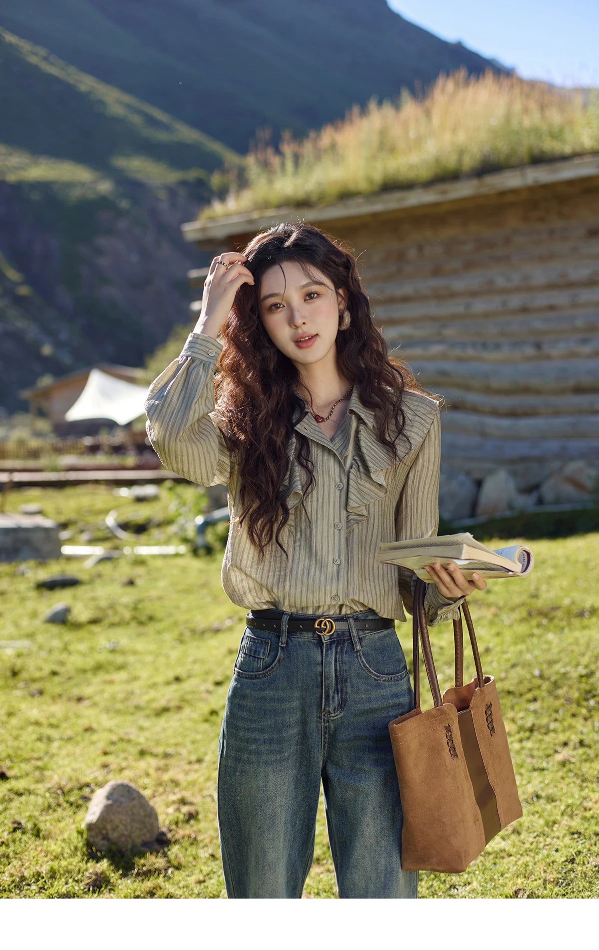 MISHOW Retro Button Long Sleeved Striped Shirt for Women 2024 Autumn Korean Flounce Polo Neck Casual Tops Office Lady MXD41C0321