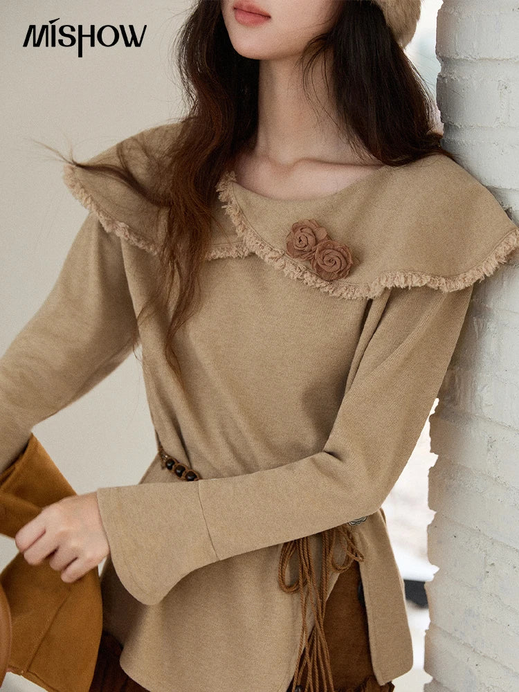 MISHOW Women's Long-sleeved Tops 2025 Winter Retro Brown Three-dimensional Flower Decoration Round Neck Knitted Tops MXE51Z2593