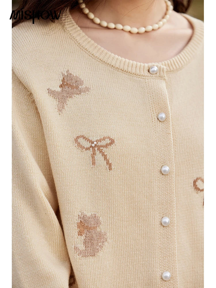 MISHOW Dog Bow Jacquard Knitted Sweater 2025 Spring Yellow Single Row Pearl Button Top Round Neck Elegant Sweaters MXE13Z1197