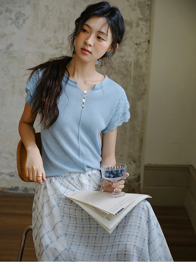 MISHOW Sheep Wool Knitted T-shirt for Women 2025 Summer New Button O-Neck Short Sleeve Blue Top Female Clothing MXE34Z1262